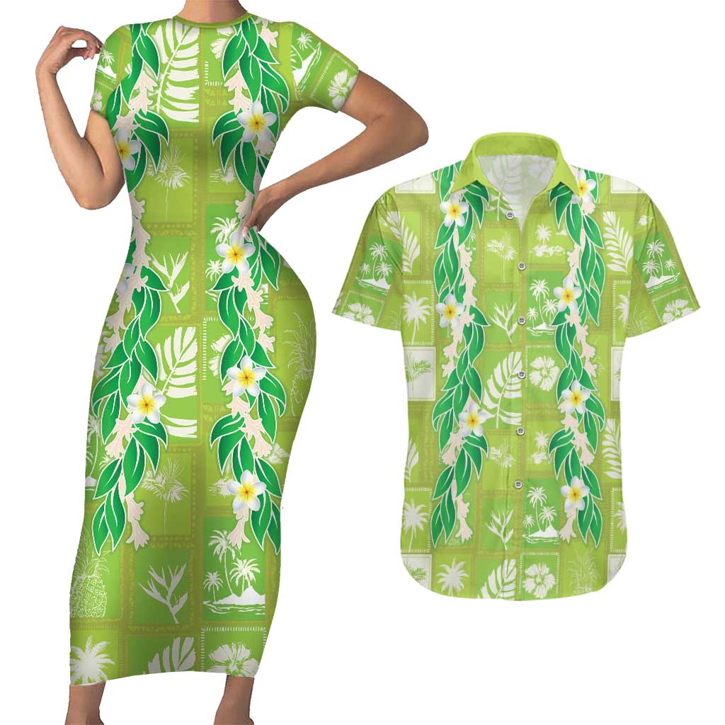 Aloha Hawaii Tuberose Lei Couples Matching Short Sleeve Bodycon Dress and Hawaiian Shirt Tropical Vibes Green Color LT14 Green - Polynesian Pride