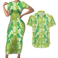 Aloha Hawaii Tuberose Lei Couples Matching Short Sleeve Bodycon Dress and Hawaiian Shirt Tropical Vibes Green Color LT14 Green - Polynesian Pride