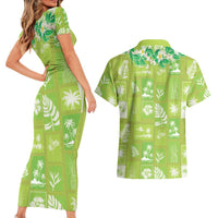 Aloha Hawaii Tuberose Lei Couples Matching Short Sleeve Bodycon Dress and Hawaiian Shirt Tropical Vibes Green Color LT14 - Polynesian Pride