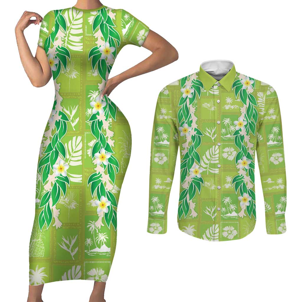 Aloha Hawaii Tuberose Lei Couples Matching Short Sleeve Bodycon Dress and Long Sleeve Button Shirt Tropical Vibes Green Color LT14 Green - Polynesian Pride
