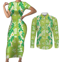 Aloha Hawaii Tuberose Lei Couples Matching Short Sleeve Bodycon Dress and Long Sleeve Button Shirt Tropical Vibes Green Color LT14 Green - Polynesian Pride