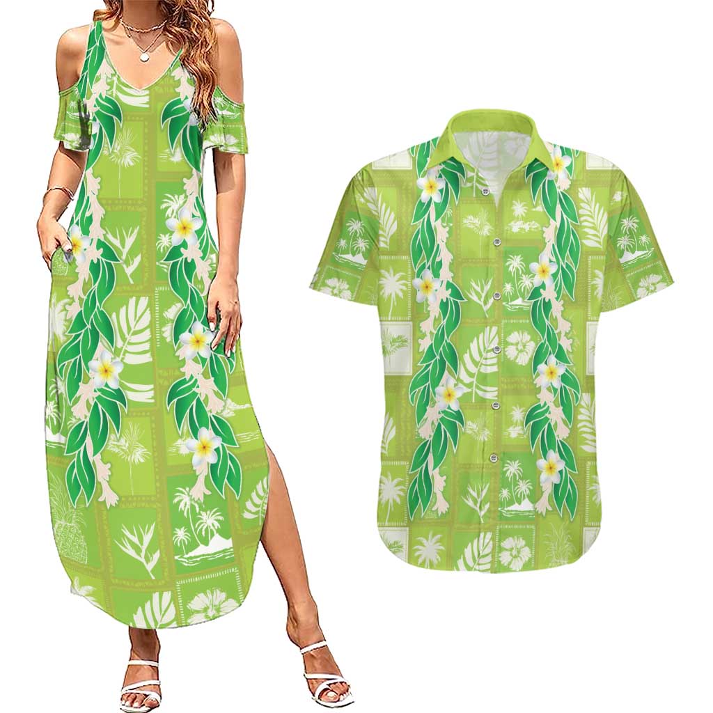 Aloha Hawaii Tuberose Lei Couples Matching Summer Maxi Dress and Hawaiian Shirt Tropical Vibes Green Color LT14 Green - Polynesian Pride
