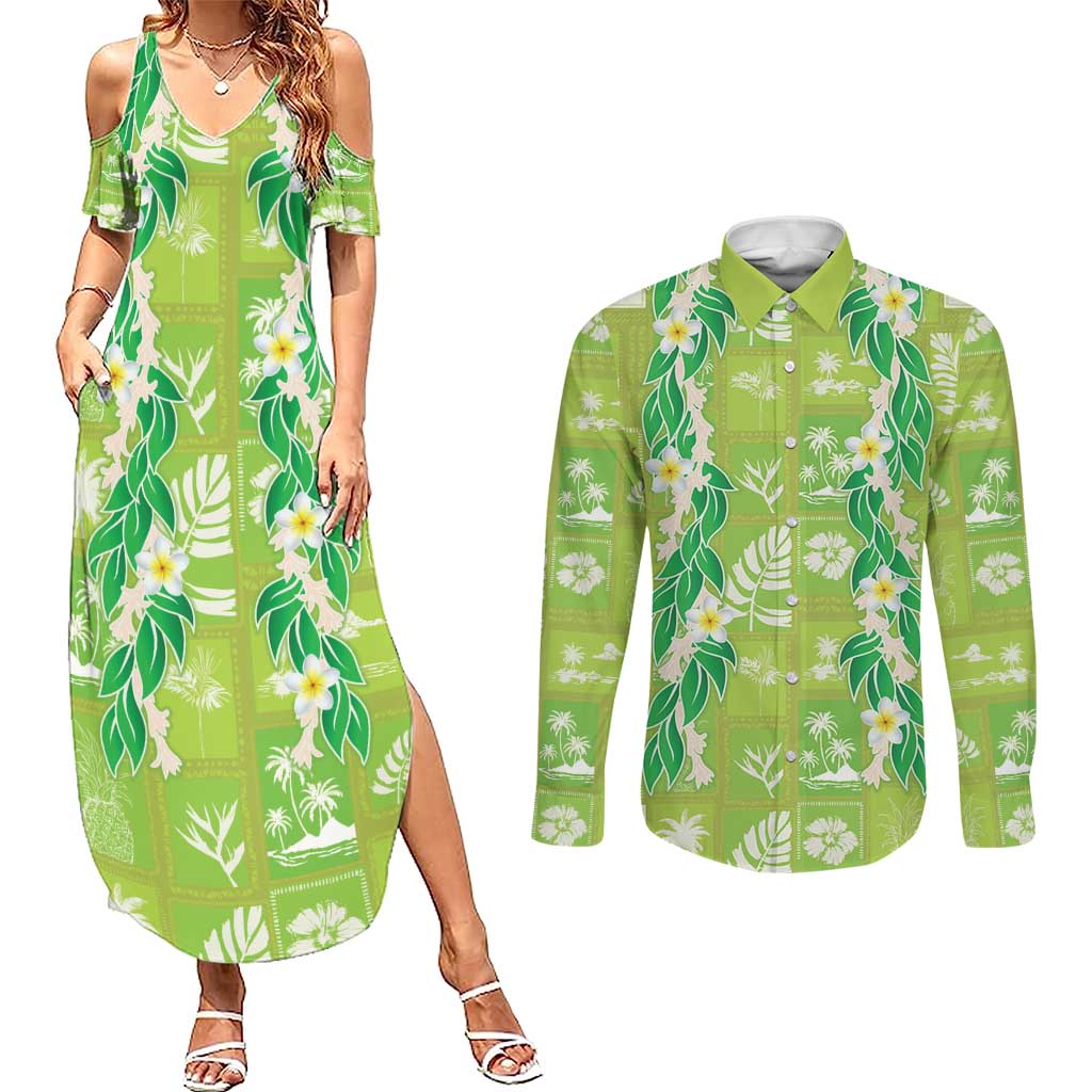 Aloha Hawaii Tuberose Lei Couples Matching Summer Maxi Dress and Long Sleeve Button Shirt Tropical Vibes Green Color LT14 Green - Polynesian Pride