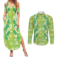 Aloha Hawaii Tuberose Lei Couples Matching Summer Maxi Dress and Long Sleeve Button Shirt Tropical Vibes Green Color LT14 Green - Polynesian Pride