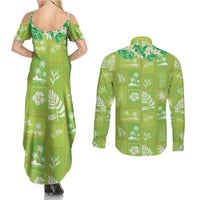 Aloha Hawaii Tuberose Lei Couples Matching Summer Maxi Dress and Long Sleeve Button Shirt Tropical Vibes Green Color LT14 - Polynesian Pride