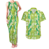 Aloha Hawaii Tuberose Lei Couples Matching Tank Maxi Dress and Hawaiian Shirt Tropical Vibes Green Color LT14 Green - Polynesian Pride