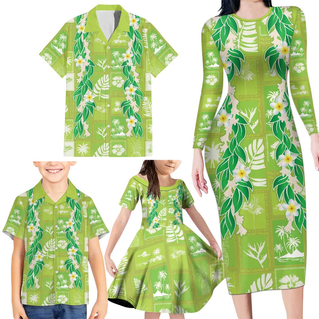 Aloha Hawaii Tuberose Lei Family Matching Long Sleeve Bodycon Dress and Hawaiian Shirt Tropical Vibes Green Color - Polynesian Pride
