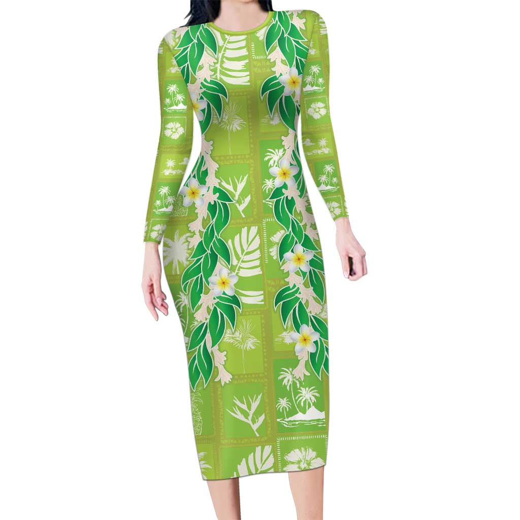 Aloha Hawaii Tuberose Lei Family Matching Long Sleeve Bodycon Dress and Hawaiian Shirt Tropical Vibes Green Color LT14 Green - Polynesian Pride