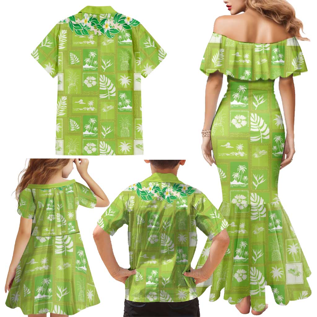 Aloha Hawaii Tuberose Lei Family Matching Mermaid Dress and Hawaiian Shirt Tropical Vibes Green Color LT14 - Polynesian Pride