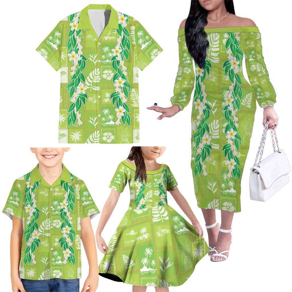Aloha Hawaii Tuberose Lei Family Matching Off The Shoulder Long Sleeve Dress and Hawaiian Shirt Tropical Vibes Green Color LT14 - Polynesian Pride
