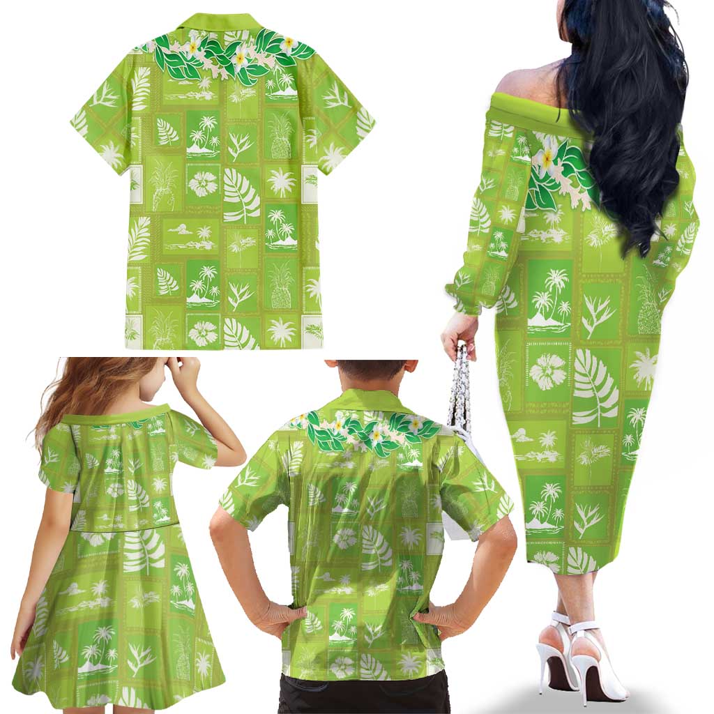 Aloha Hawaii Tuberose Lei Family Matching Off The Shoulder Long Sleeve Dress and Hawaiian Shirt Tropical Vibes Green Color LT14 - Polynesian Pride
