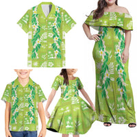 Aloha Hawaii Tuberose Lei Family Matching Off Shoulder Maxi Dress and Hawaiian Shirt Tropical Vibes Green Color LT14 - Polynesian Pride