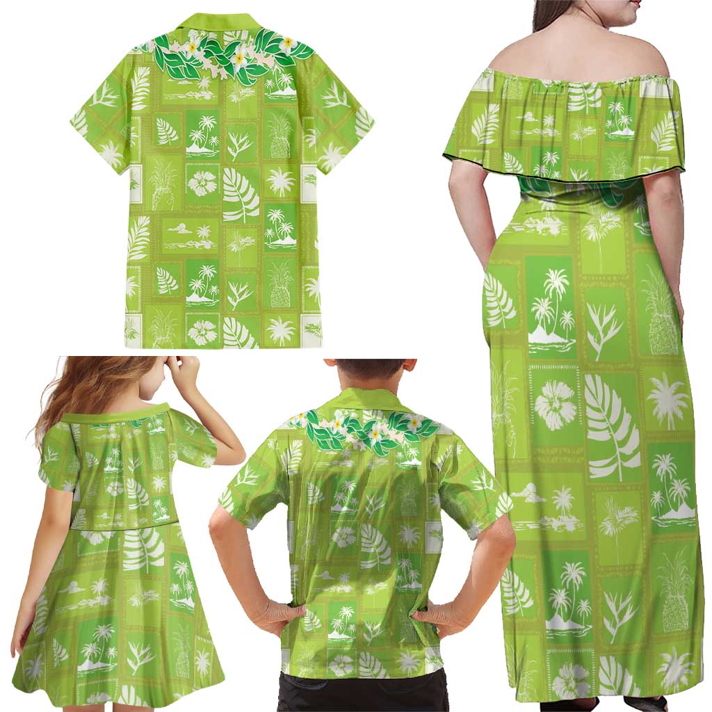 Aloha Hawaii Tuberose Lei Family Matching Off Shoulder Maxi Dress and Hawaiian Shirt Tropical Vibes Green Color LT14 - Polynesian Pride