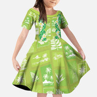 Aloha Hawaii Tuberose Lei Family Matching Off Shoulder Short Dress and Hawaiian Shirt Tropical Vibes Green Color LT14 Daughter's Dress Green - Polynesian Pride