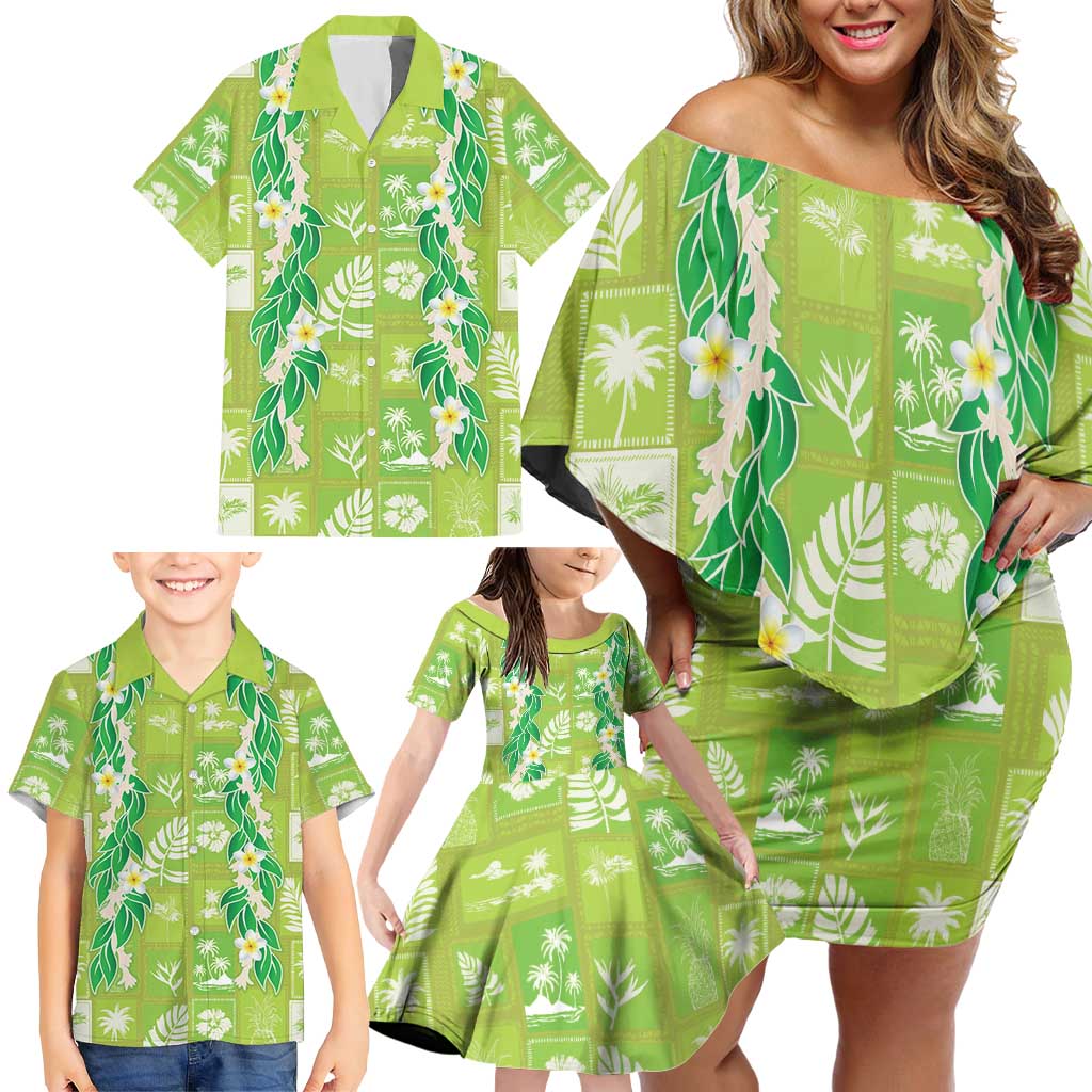Aloha Hawaii Tuberose Lei Family Matching Off Shoulder Short Dress and Hawaiian Shirt Tropical Vibes Green Color - Polynesian Pride