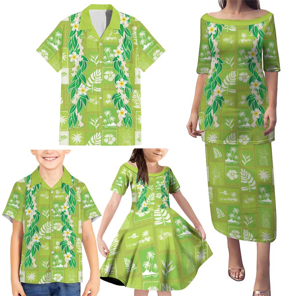 Aloha Hawaii Tuberose Lei Family Matching Puletasi and Hawaiian Shirt Tropical Vibes Green Color LT14 - Polynesian Pride