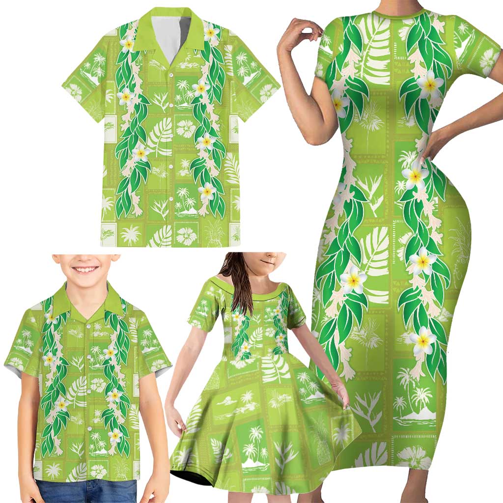 Aloha Hawaii Tuberose Lei Family Matching Short Sleeve Bodycon Dress and Hawaiian Shirt Tropical Vibes Green Color LT14 - Polynesian Pride