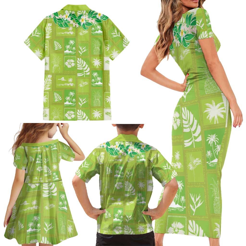 Aloha Hawaii Tuberose Lei Family Matching Short Sleeve Bodycon Dress and Hawaiian Shirt Tropical Vibes Green Color LT14 - Polynesian Pride