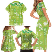 Aloha Hawaii Tuberose Lei Family Matching Short Sleeve Bodycon Dress and Hawaiian Shirt Tropical Vibes Green Color LT14 - Polynesian Pride