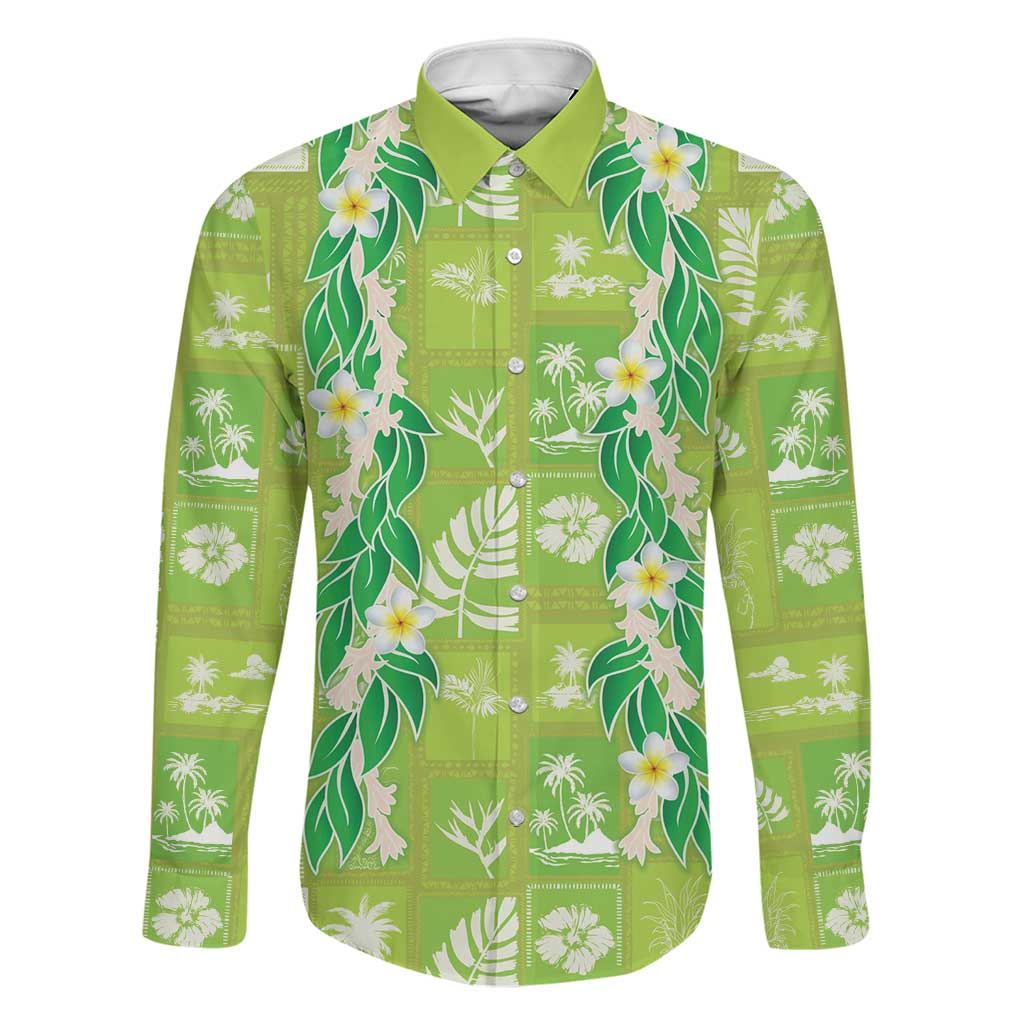 Aloha Hawaii Tuberose Lei Family Matching Tank Maxi Dress and Hawaiian Shirt Tropical Vibes Green Color LT14 Dad's Shirt - Long Sleeve Green - Polynesian Pride