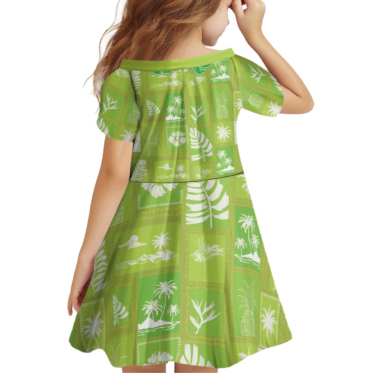 Aloha Hawaii Tuberose Lei Kid Short Sleeve Dress Tropical Vibes Green Color - Polynesian Pride