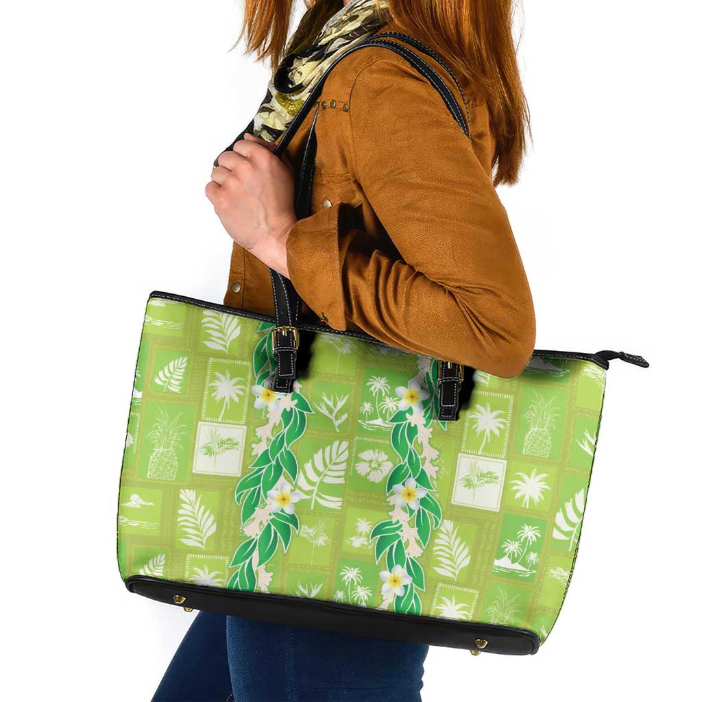 Aloha Hawaii Tuberose Lei Leather Tote Bag Tropical Vibes Green Color LT14 Green - Polynesian Pride