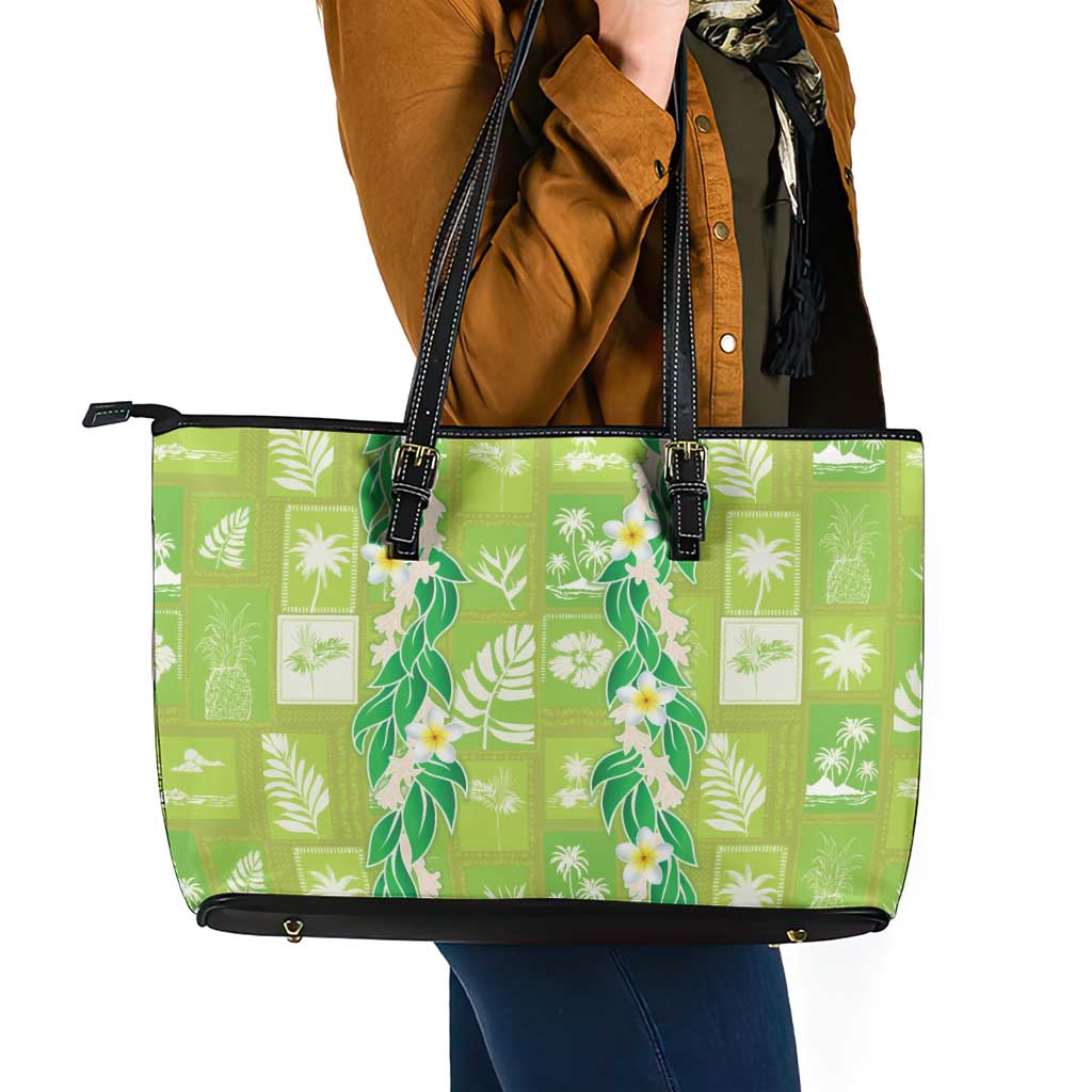 Aloha Hawaii Tuberose Lei Leather Tote Bag Tropical Vibes Green Color LT14 - Polynesian Pride