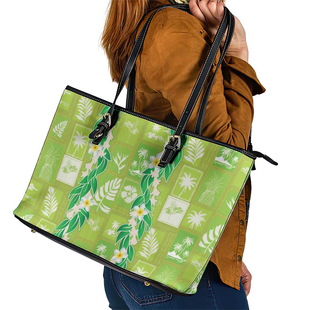 Aloha Hawaii Tuberose Lei Leather Tote Bag Tropical Vibes Green Color LT14 - Polynesian Pride