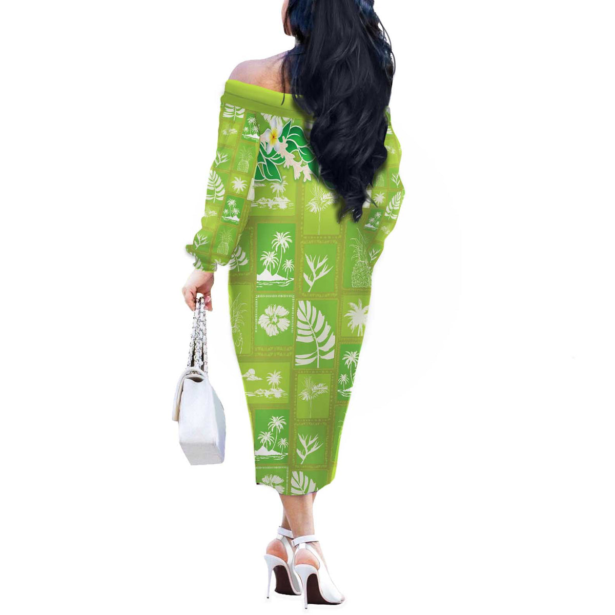 Aloha Hawaii Tuberose Lei Off The Shoulder Long Sleeve Dress Tropical Vibes Green Color LT14 - Polynesian Pride