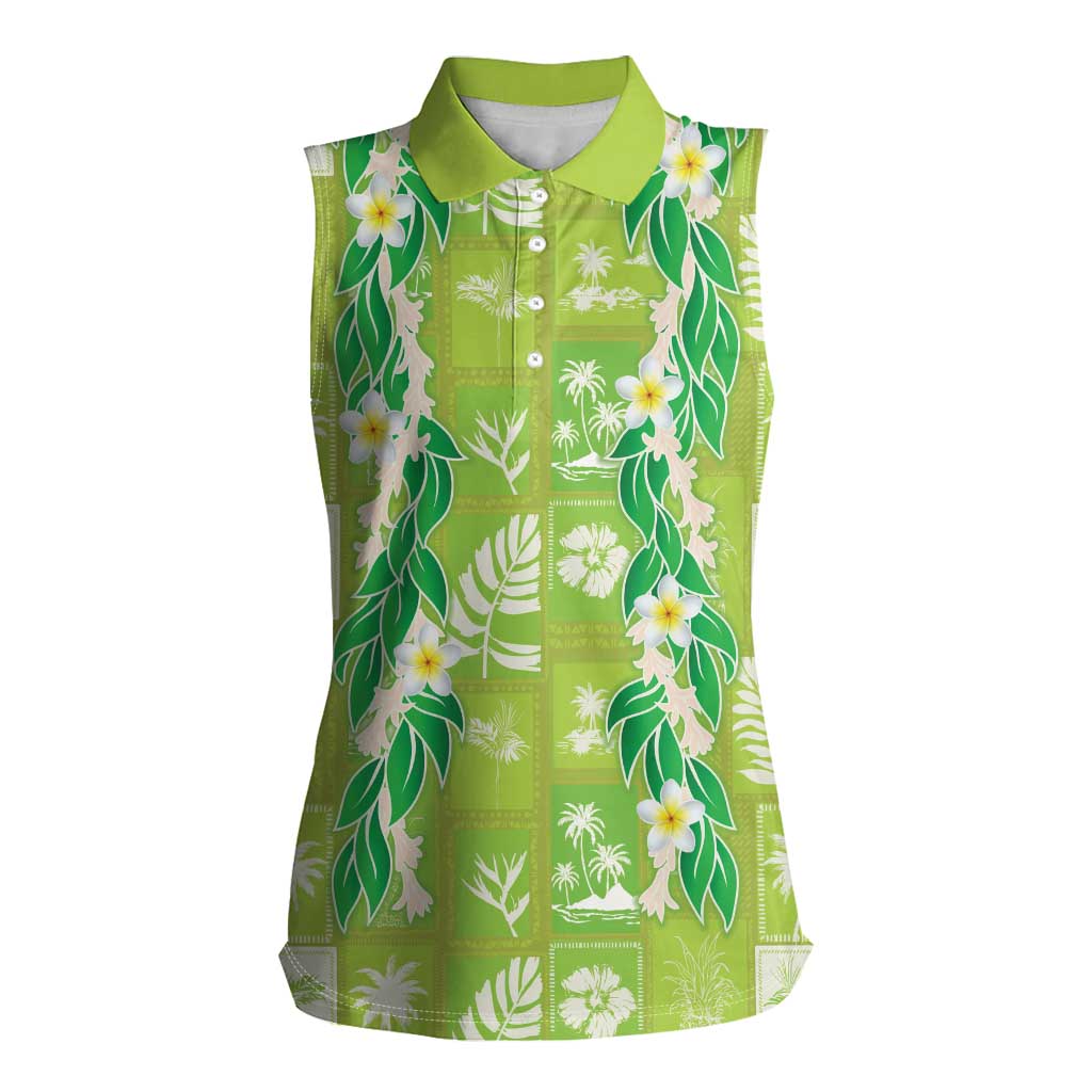 Aloha Hawaii Tuberose Lei Women Sleeveless Polo Shirt Tropical Vibes Green Color LT14 Female Green - Polynesian Pride