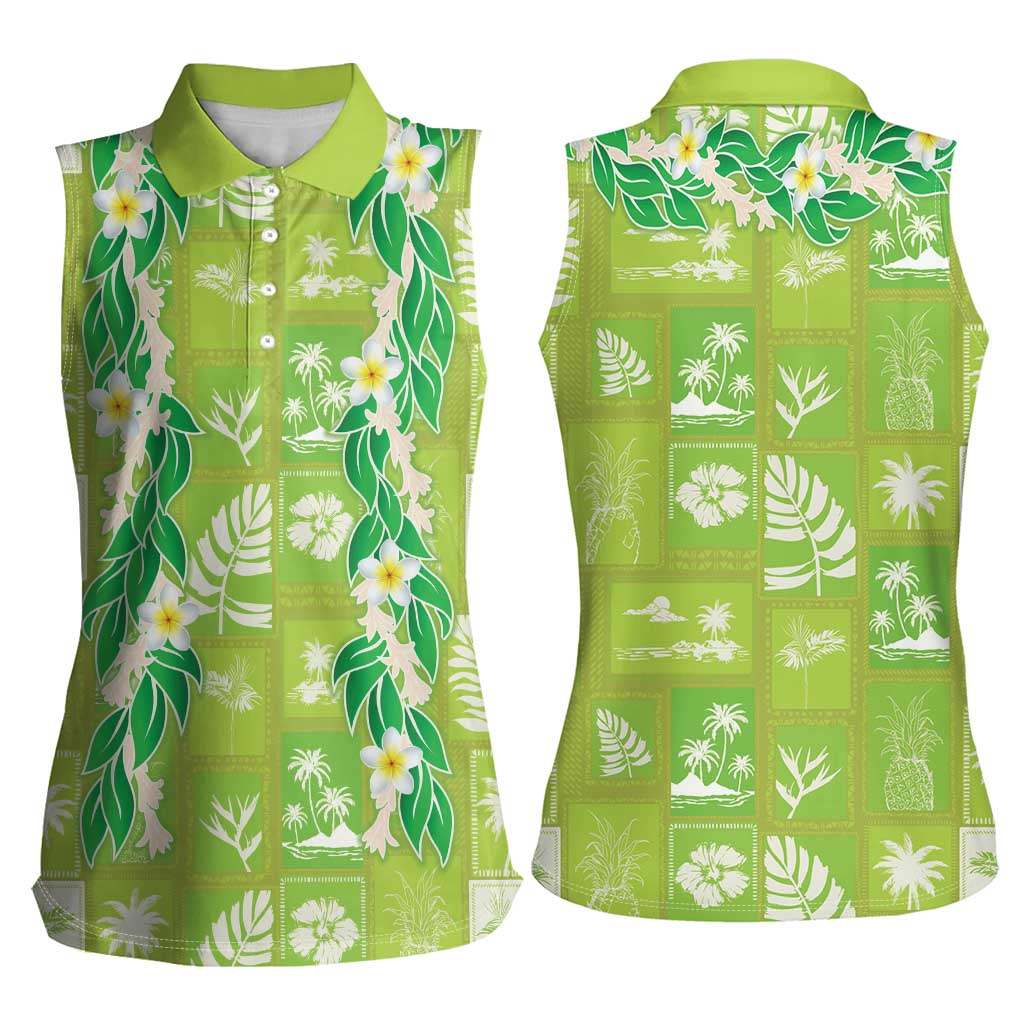 Aloha Hawaii Tuberose Lei Women Sleeveless Polo Shirt Tropical Vibes Green Color LT14 - Polynesian Pride