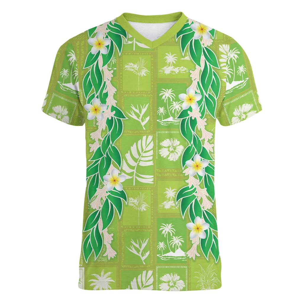 Aloha Hawaii Tuberose Lei Women V-Neck T-Shirt Tropical Vibes Green Color LT14 Female Green - Polynesian Pride