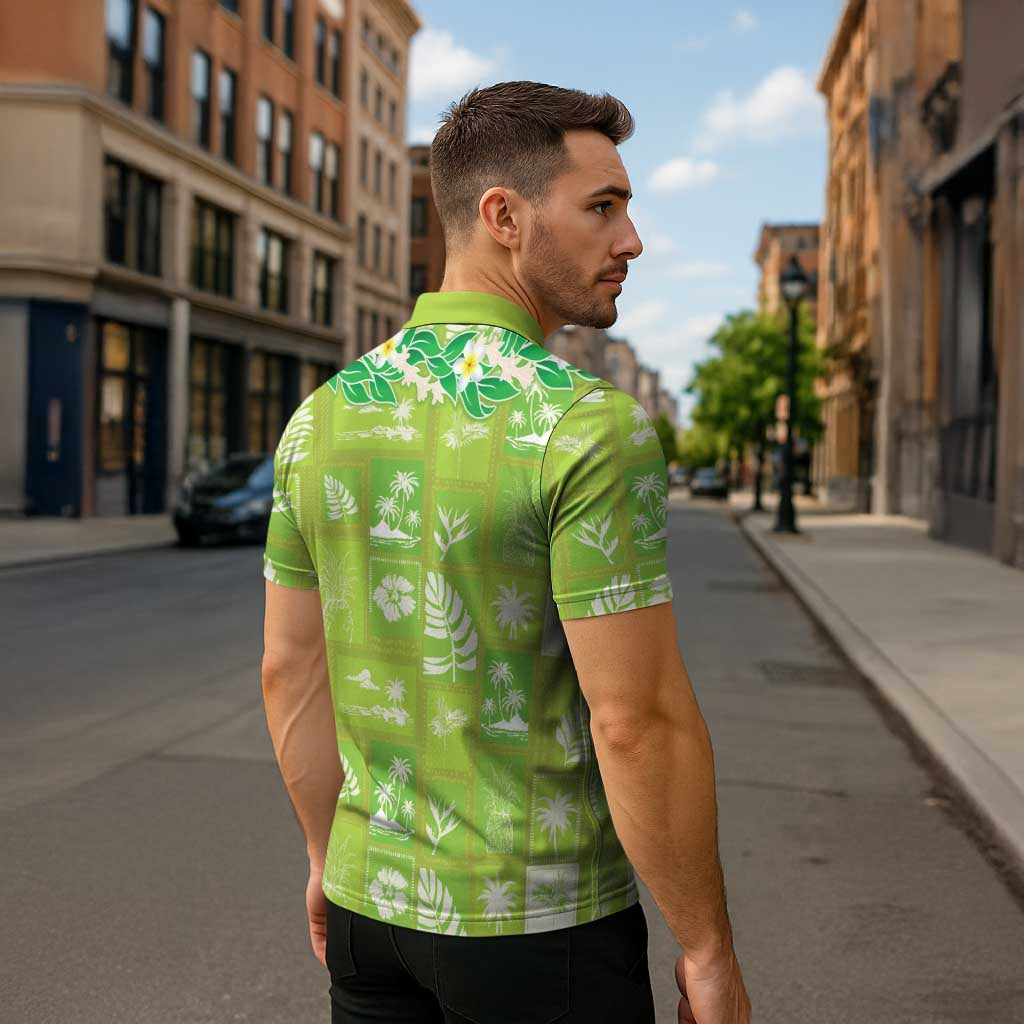 Aloha Hawaii Tuberose Lei Zipper Polo Shirt Tropical Vibes Green Color - Polynesian Pride