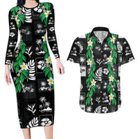Aloha Hawaii Tuberose Lei Couples Matching Long Sleeve Bodycon Dress and Hawaiian Shirt Tropical Vibes Black Color LT14 Black - Polynesian Pride