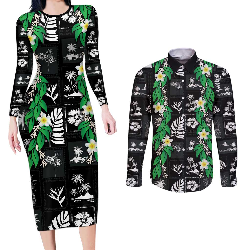 Aloha Hawaii Tuberose Lei Couples Matching Long Sleeve Bodycon Dress and Long Sleeve Button Shirt Tropical Vibes Black Color LT14 Black - Polynesian Pride