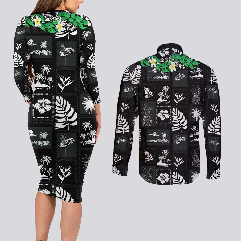 Aloha Hawaii Tuberose Lei Couples Matching Long Sleeve Bodycon Dress and Long Sleeve Button Shirt Tropical Vibes Black Color LT14 - Polynesian Pride