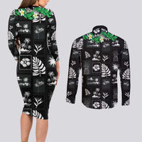 Aloha Hawaii Tuberose Lei Couples Matching Long Sleeve Bodycon Dress and Long Sleeve Button Shirt Tropical Vibes Black Color LT14 - Polynesian Pride