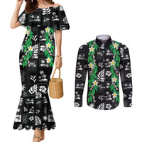 Aloha Hawaii Tuberose Lei Couples Matching Mermaid Dress and Long Sleeve Button Shirt Tropical Vibes Black Color LT14 Black - Polynesian Pride