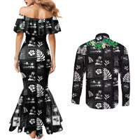 Aloha Hawaii Tuberose Lei Couples Matching Mermaid Dress and Long Sleeve Button Shirt Tropical Vibes Black Color LT14 - Polynesian Pride