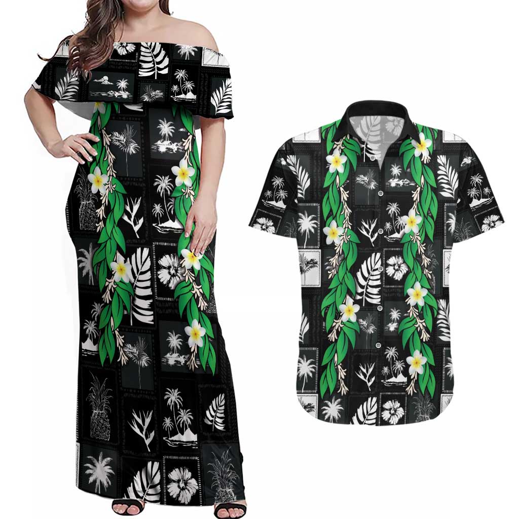 Aloha Hawaii Tuberose Lei Couples Matching Off Shoulder Maxi Dress and Hawaiian Shirt Tropical Vibes Black Color - Polynesian Pride