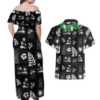 Aloha Hawaii Tuberose Lei Couples Matching Off Shoulder Maxi Dress and Hawaiian Shirt Tropical Vibes Black Color LT14 - Polynesian Pride