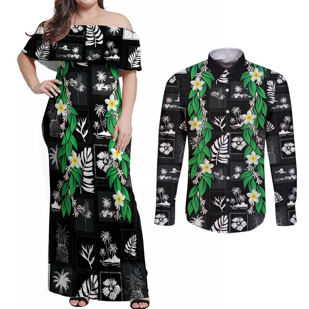 Aloha Hawaii Tuberose Lei Couples Matching Off Shoulder Maxi Dress and Long Sleeve Button Shirt Tropical Vibes Black Color LT14 Black - Polynesian Pride