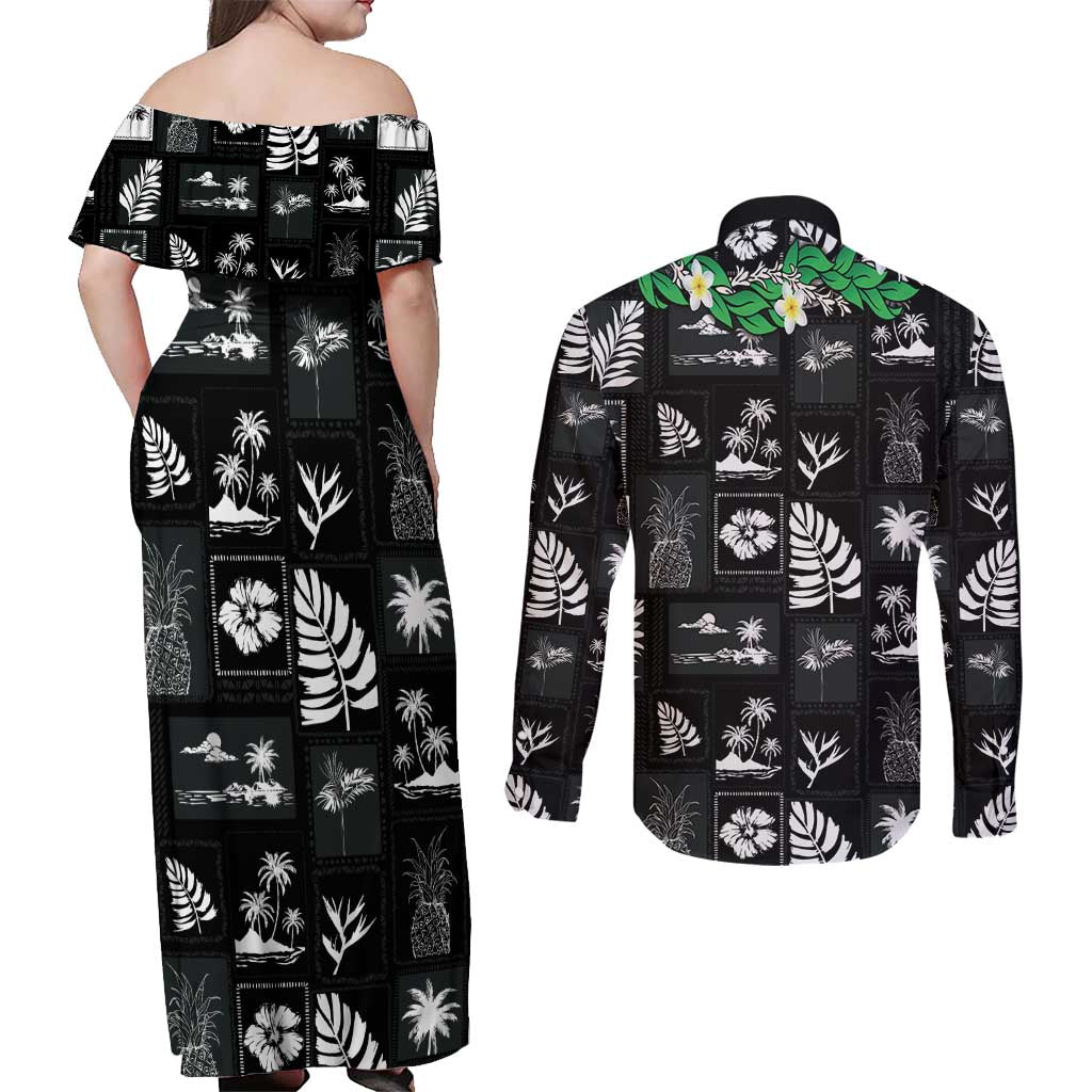 Aloha Hawaii Tuberose Lei Couples Matching Off Shoulder Maxi Dress and Long Sleeve Button Shirt Tropical Vibes Black Color LT14 - Polynesian Pride