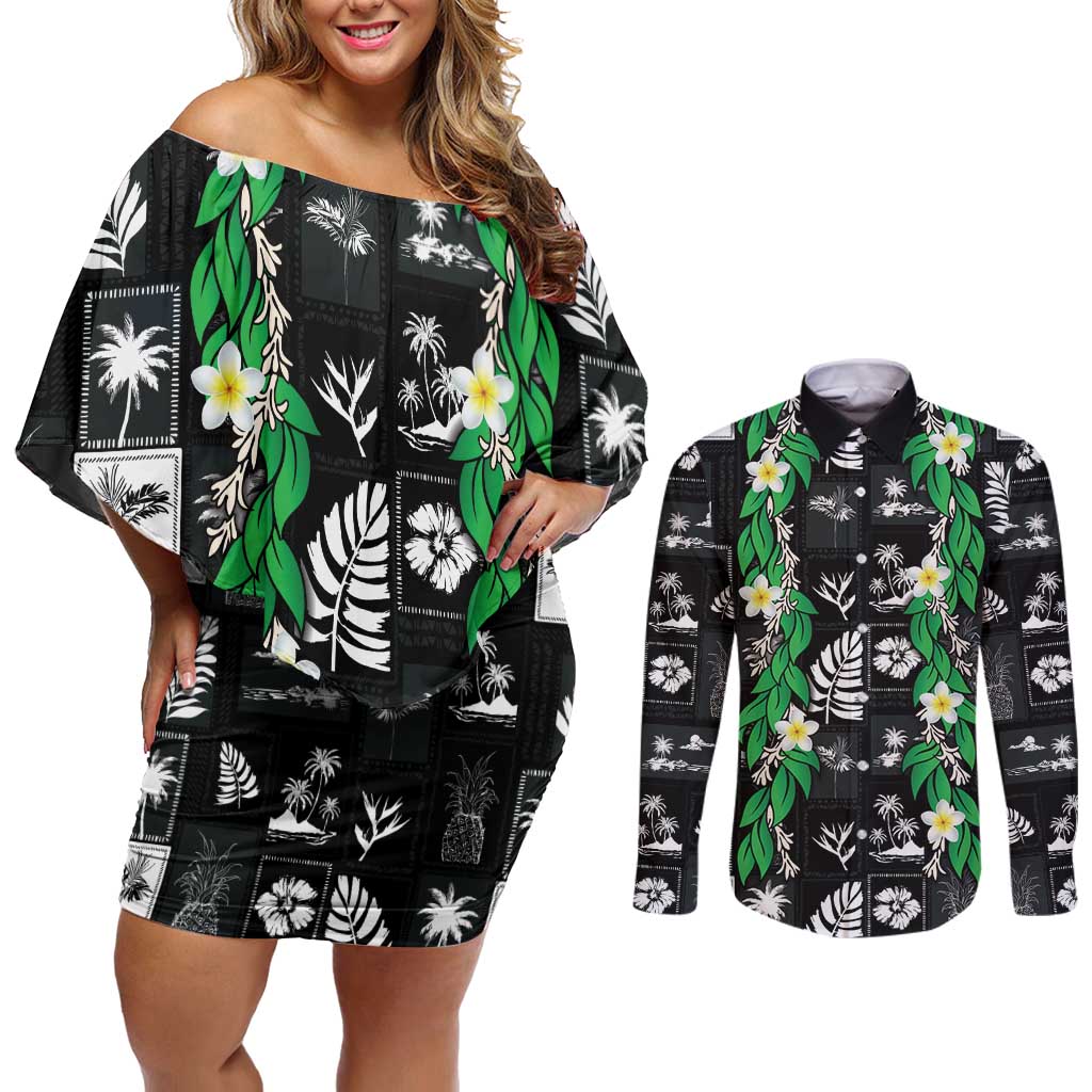 Aloha Hawaii Tuberose Lei Couples Matching Off Shoulder Short Dress and Long Sleeve Button Shirt Tropical Vibes Black Color LT14 Black - Polynesian Pride