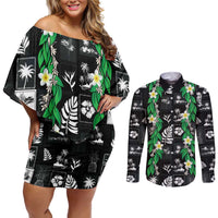 Aloha Hawaii Tuberose Lei Couples Matching Off Shoulder Short Dress and Long Sleeve Button Shirt Tropical Vibes Black Color LT14 Black - Polynesian Pride