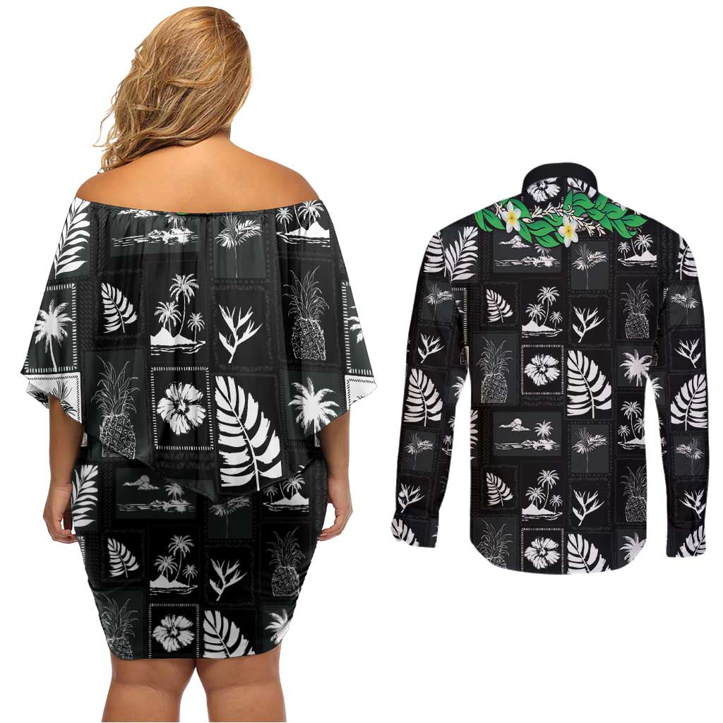 Aloha Hawaii Tuberose Lei Couples Matching Off Shoulder Short Dress and Long Sleeve Button Shirt Tropical Vibes Black Color LT14 - Polynesian Pride