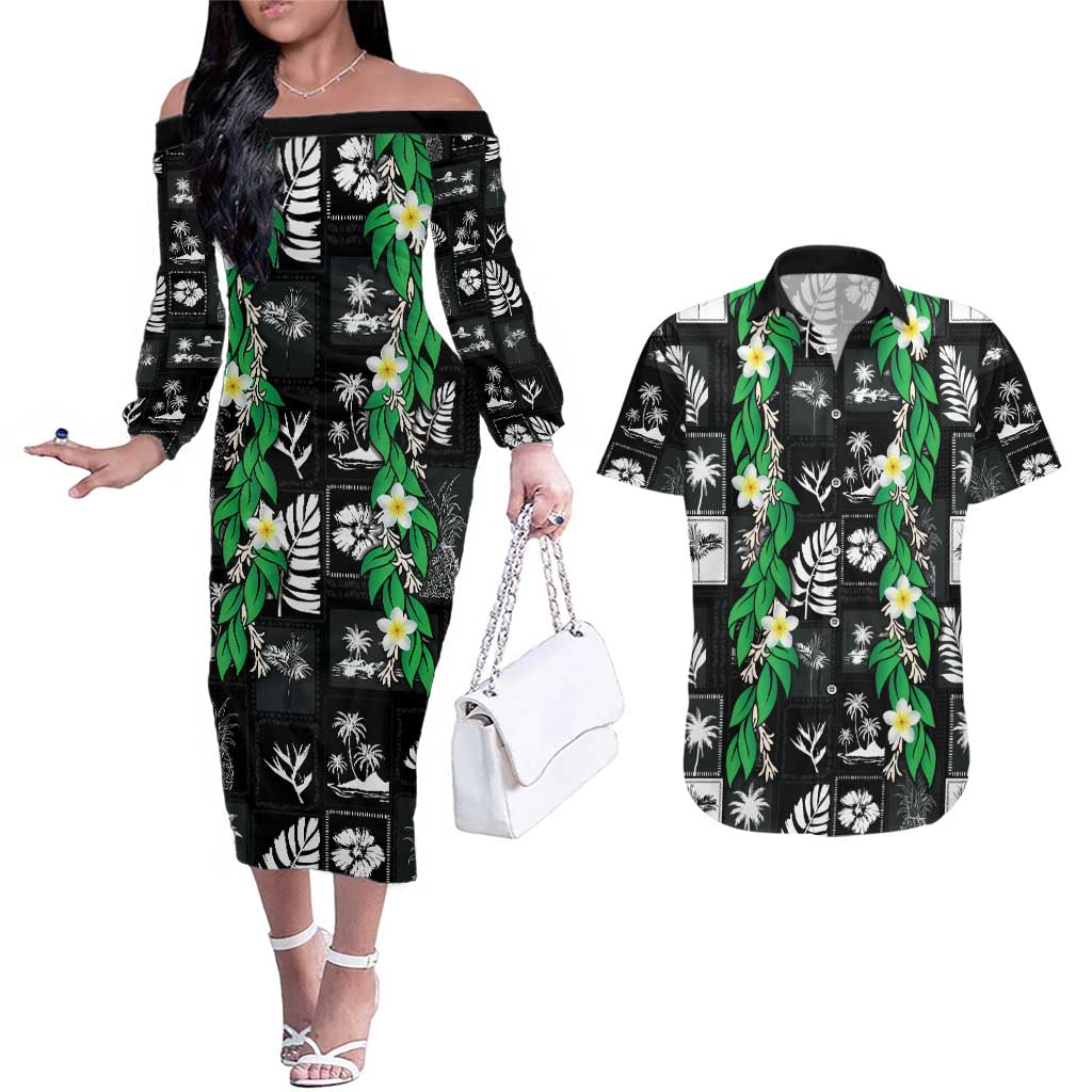 Aloha Hawaii Tuberose Lei Couples Matching Off The Shoulder Long Sleeve Dress and Hawaiian Shirt Tropical Vibes Black Color LT14 Black - Polynesian Pride