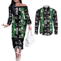 Aloha Hawaii Tuberose Lei Couples Matching Off The Shoulder Long Sleeve Dress and Long Sleeve Button Shirt Tropical Vibes Black Color LT14 Black - Polynesian Pride