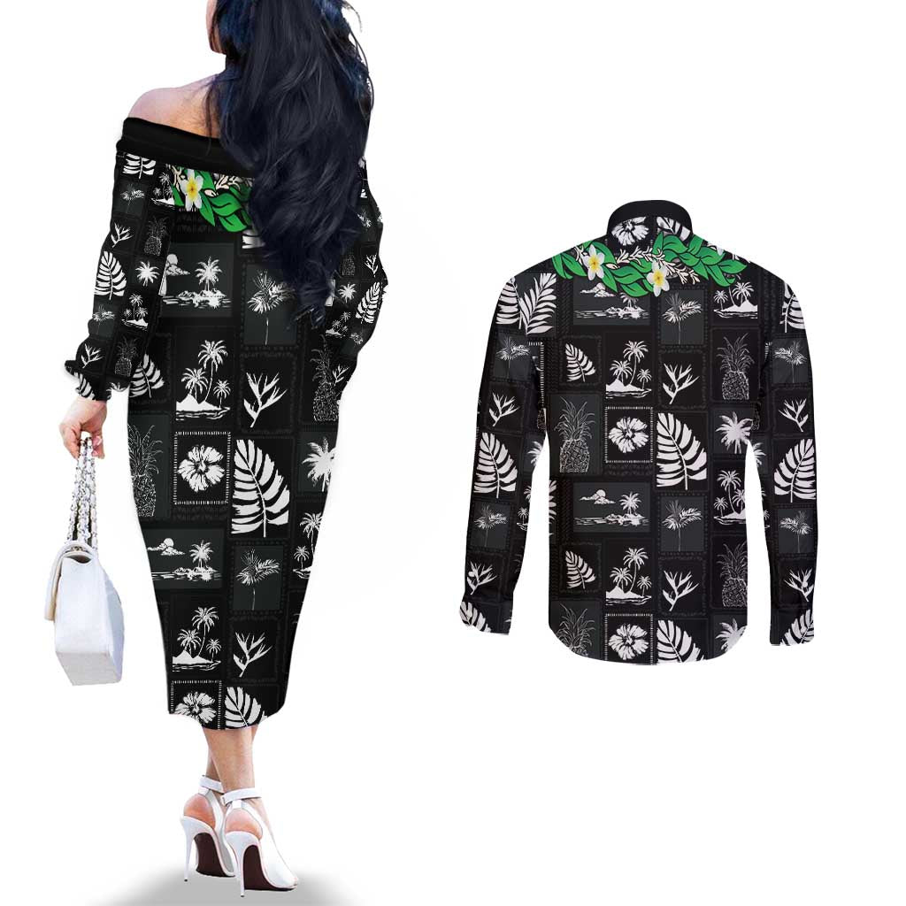 Aloha Hawaii Tuberose Lei Couples Matching Off The Shoulder Long Sleeve Dress and Long Sleeve Button Shirt Tropical Vibes Black Color LT14 - Polynesian Pride