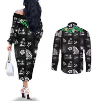 Aloha Hawaii Tuberose Lei Couples Matching Off The Shoulder Long Sleeve Dress and Long Sleeve Button Shirt Tropical Vibes Black Color LT14 - Polynesian Pride